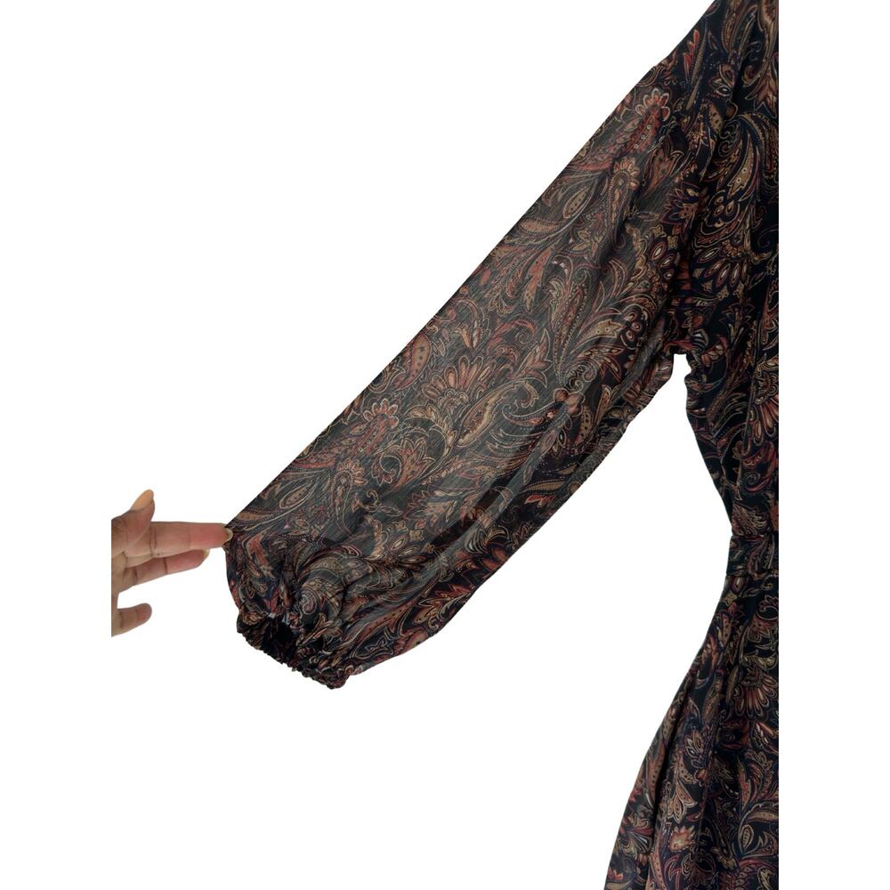 Evereve Dress Paisley Print Tie Front Chiffon Gremlin Forest‎ Eliza Midi Small - Picture 8 of 15